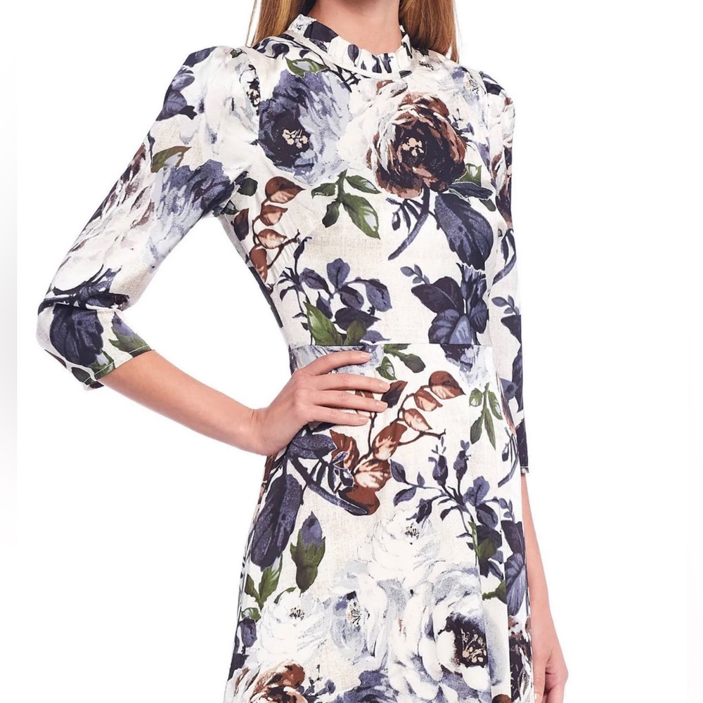 Maggy London Ruffle Neck Floral Charmeuse Midi Dress | size 18